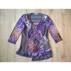 Y2K Alberto Makali Busy Loud Print Knit & Mesh Sleeve Asymmetrical Top Large